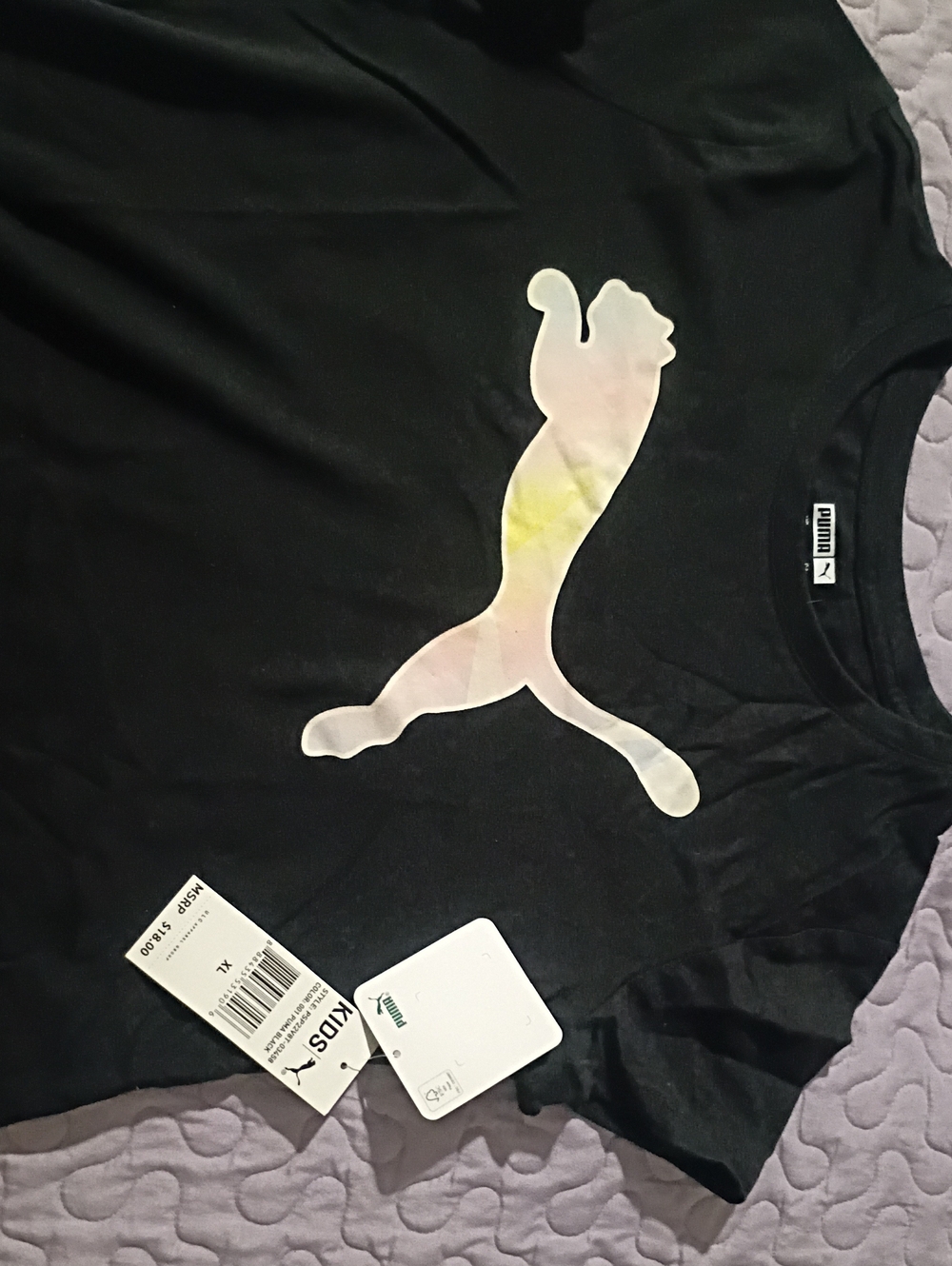 Girls Puma Black Tee with Iridescent Puma Logo